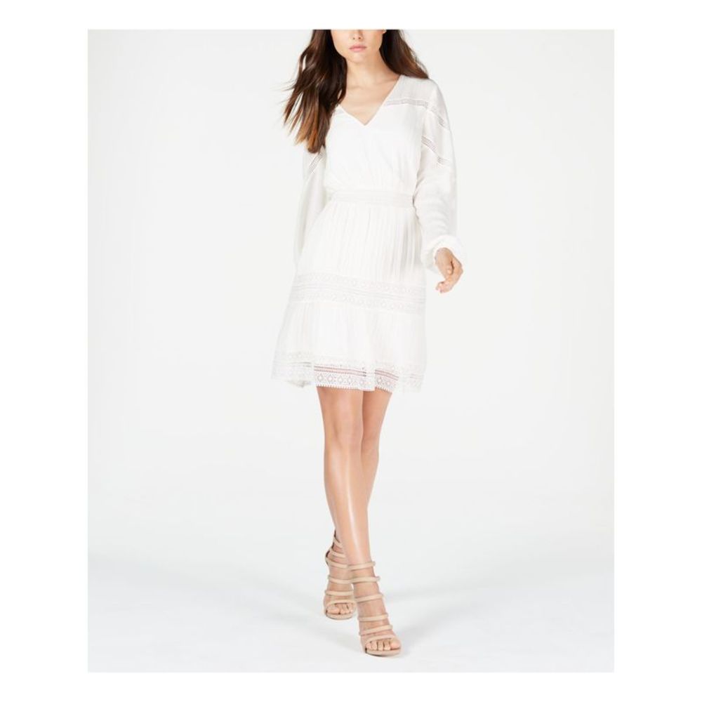 GUESS Womens Ivory Long Sleeve V Neck Above The Knee Shift Dress XL